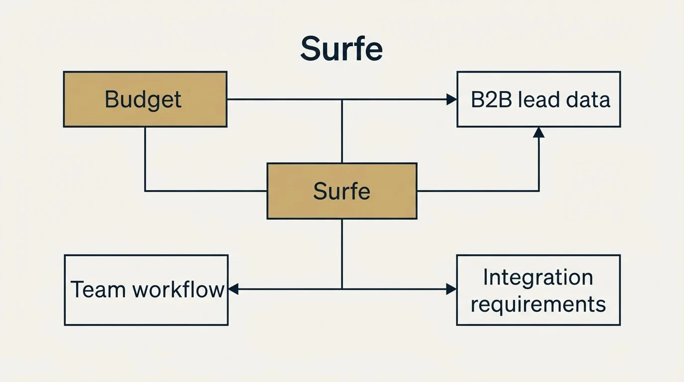 Schematic: How to Choose the Right Alternative (Surfe, Budget, B2B lead data, Integration requirements)