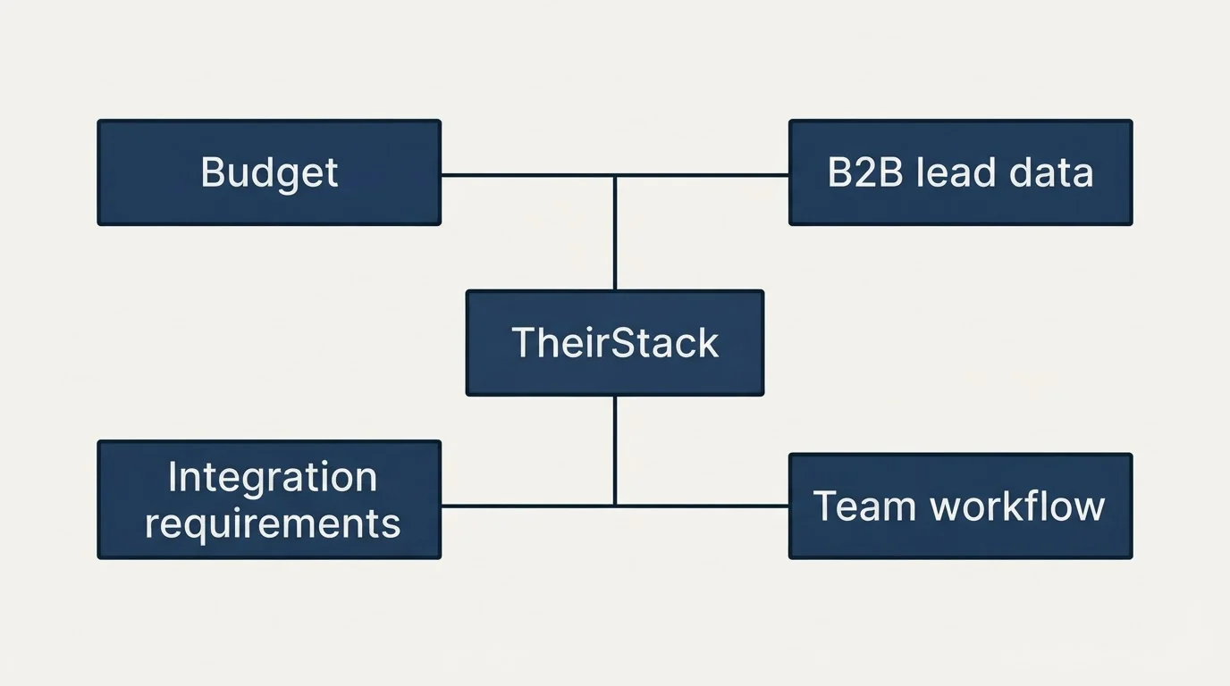 Schematic: How to Choose the Right Alternative (TheirStack, Budget, B2B lead data, Integration requirements)