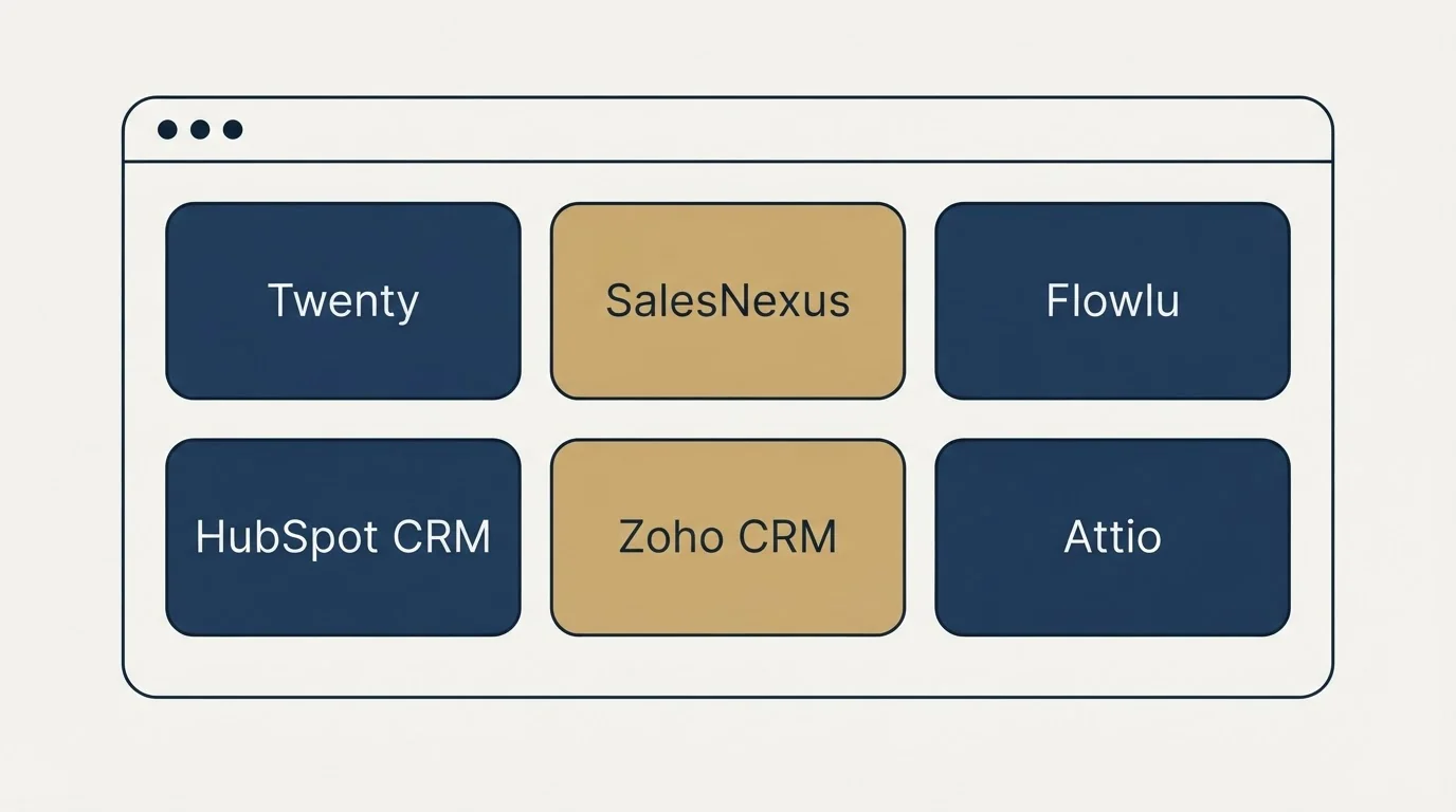 Feature grid: Top Twenty Alternatives (Twenty, SalesNexus, Flowlu, HubSpot CRM)
