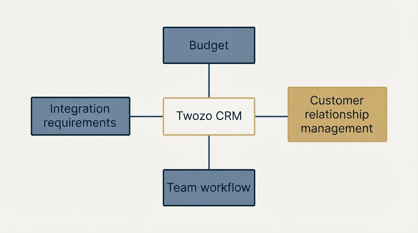 Schematic: How to Choose the Right Alternative (Twozo CRM, Budget, Customer relationship management, Integration requirements)
