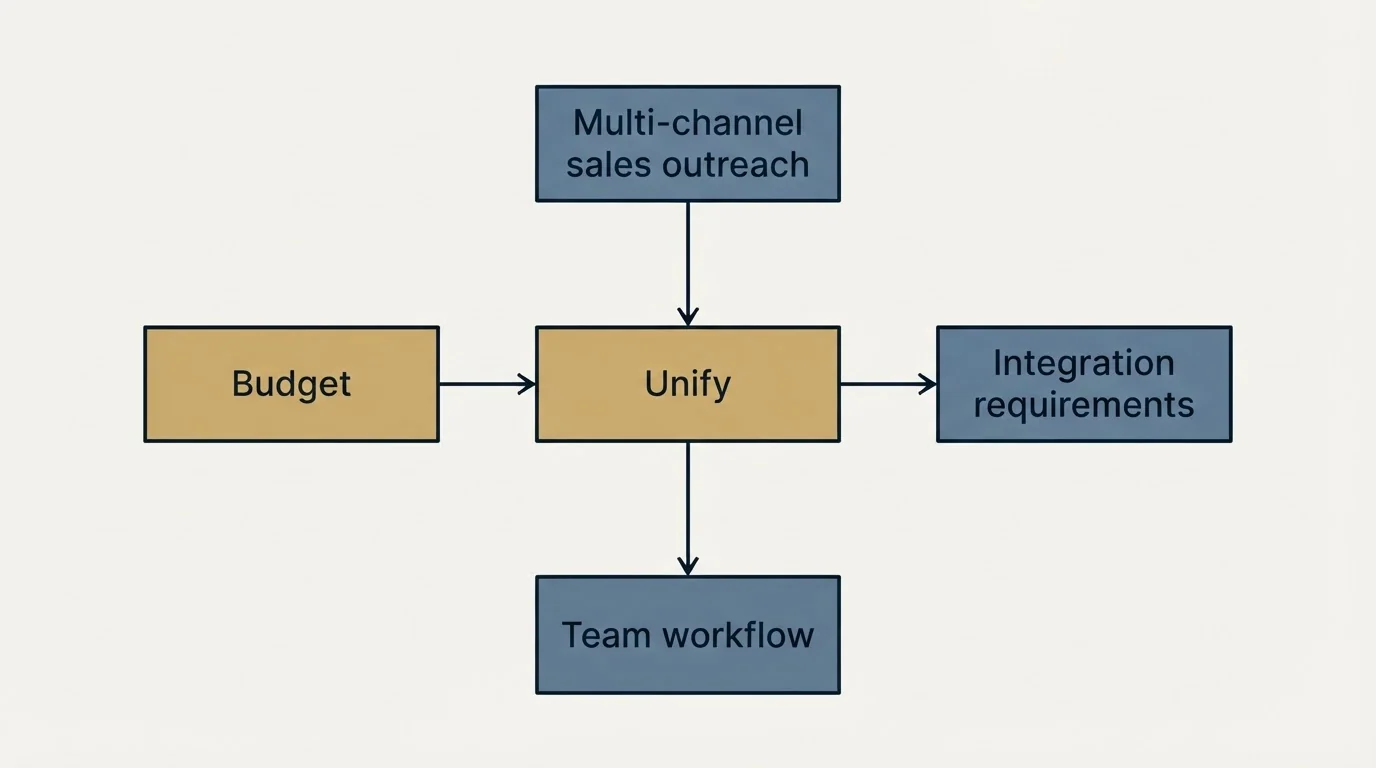 Schematic: How to Choose the Right Alternative (Unify, Budget, Multi-channel sales outreach, Integration requirements)