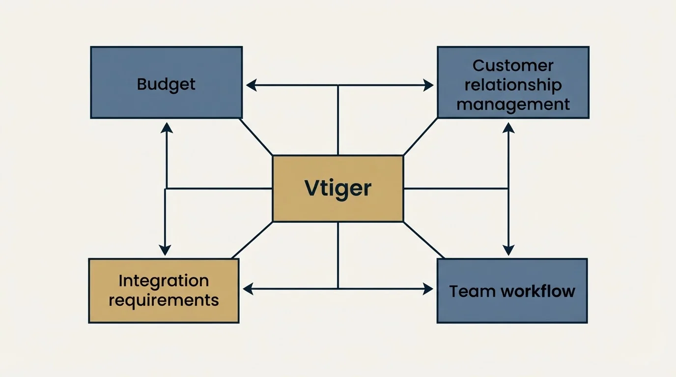 Schematic: How to Choose the Right Alternative (Vtiger, Budget, Customer relationship management, Integration requirements)