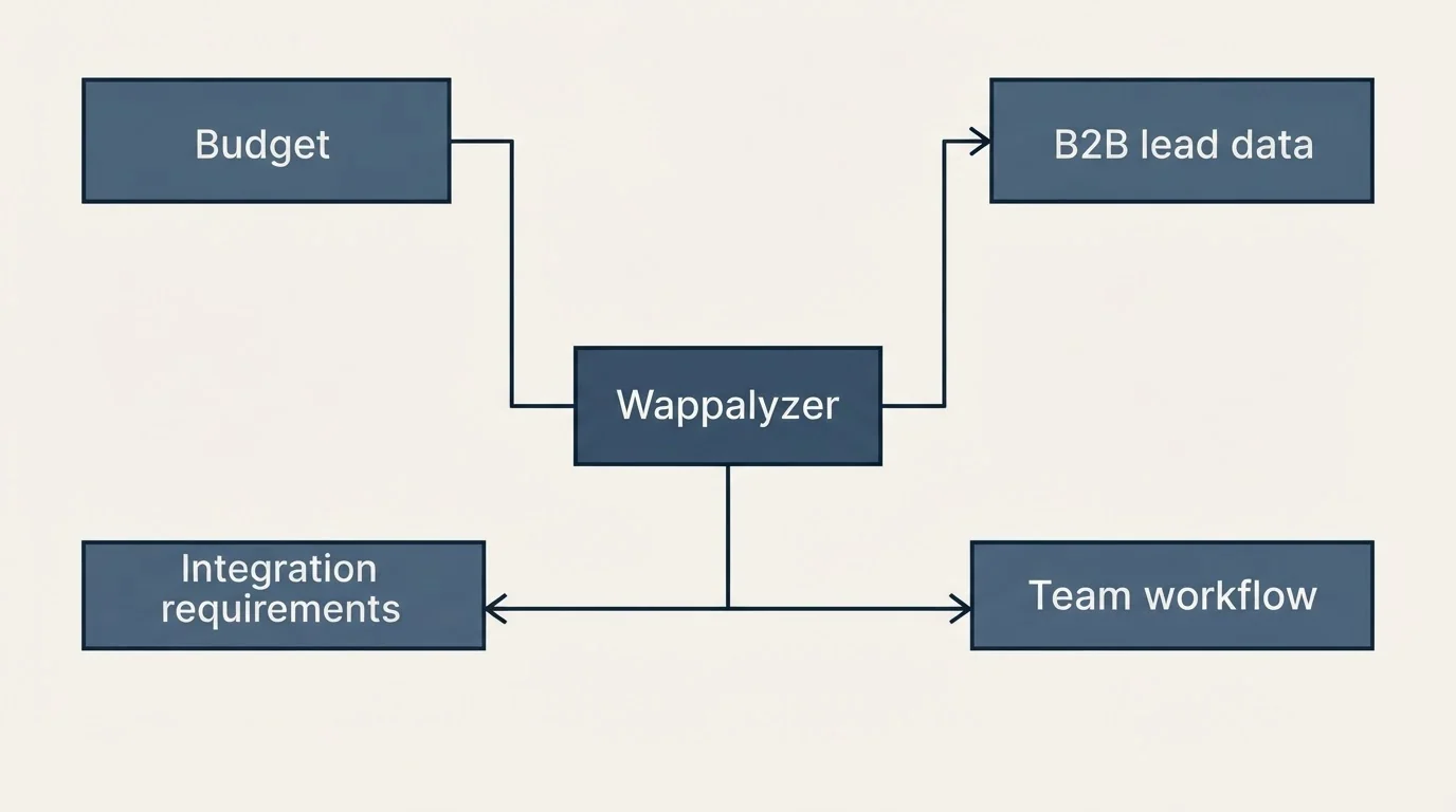 Schematic: How to Choose the Right Alternative (Wappalyzer, Budget, B2B lead data, Integration requirements)