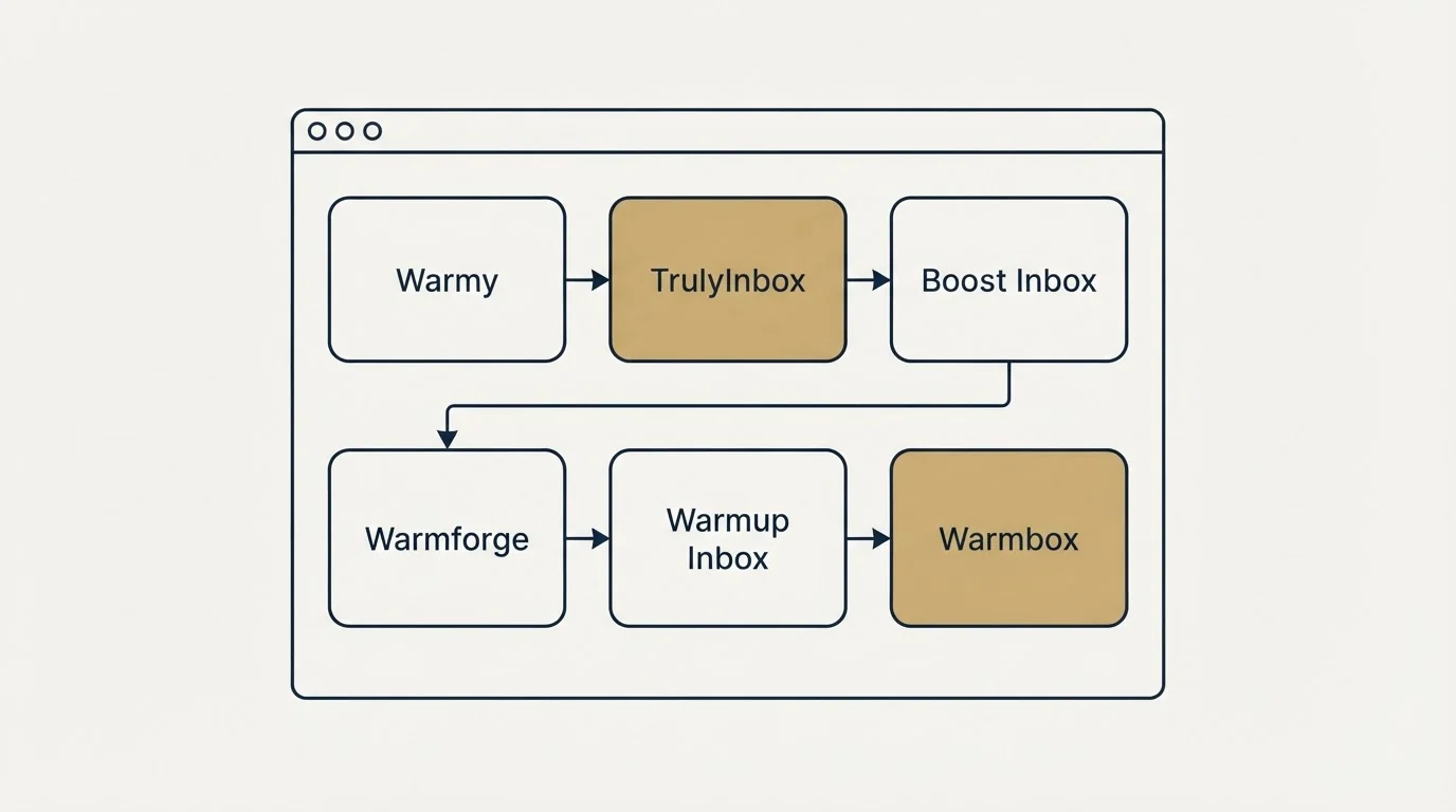 Feature grid: Top Warmy Alternatives (Warmy, TrulyInbox, Boost Inbox, Warmforge)