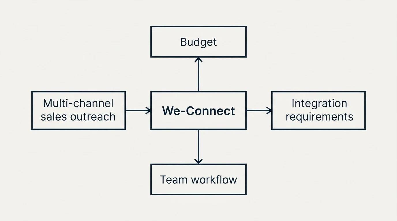 Schematic: How to Choose the Right Alternative (We-Connect, Budget, Multi-channel sales outreach, Integration requirements)