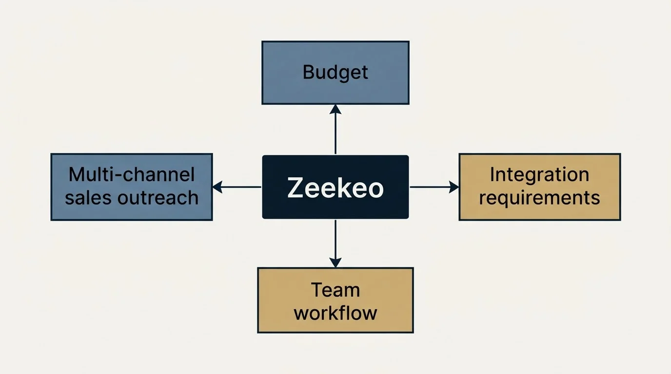 Schematic: How to Choose the Right Alternative (Zeekeo, Budget, Multi-channel sales outreach, Integration requirements)