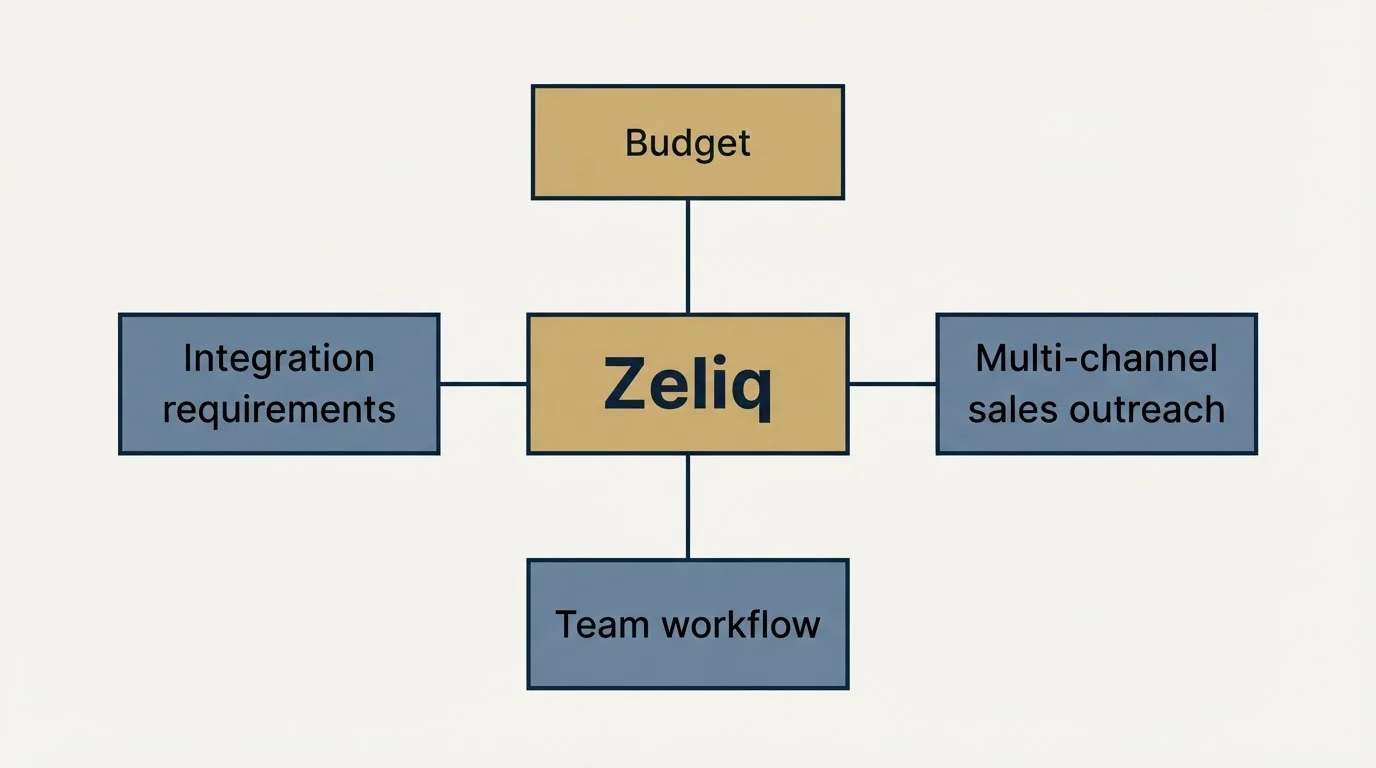 Schematic: How to Choose the Right Alternative (Zeliq, Budget, Multi-channel sales outreach, Integration requirements)