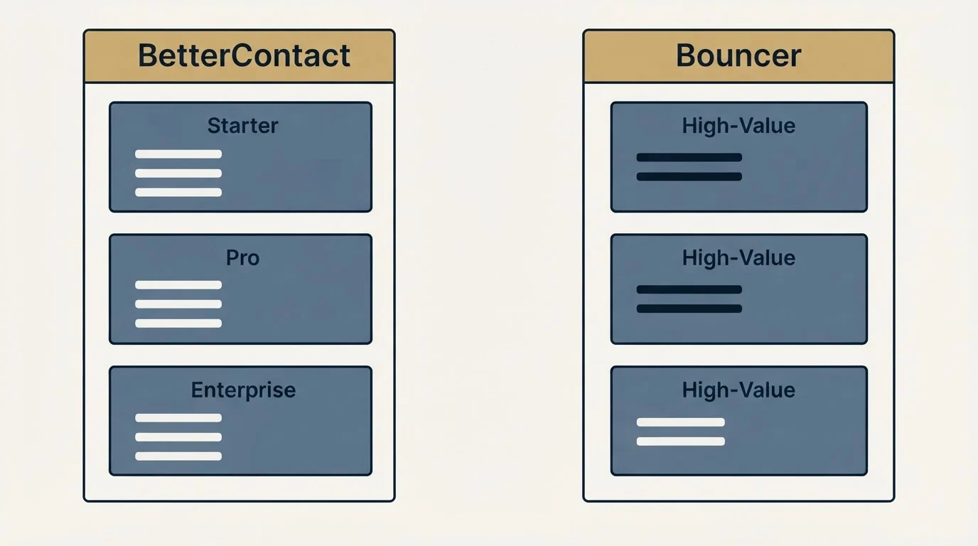 Pricing panels: Pricing Comparison (BetterContact, Bouncer, Starter, High-Value)