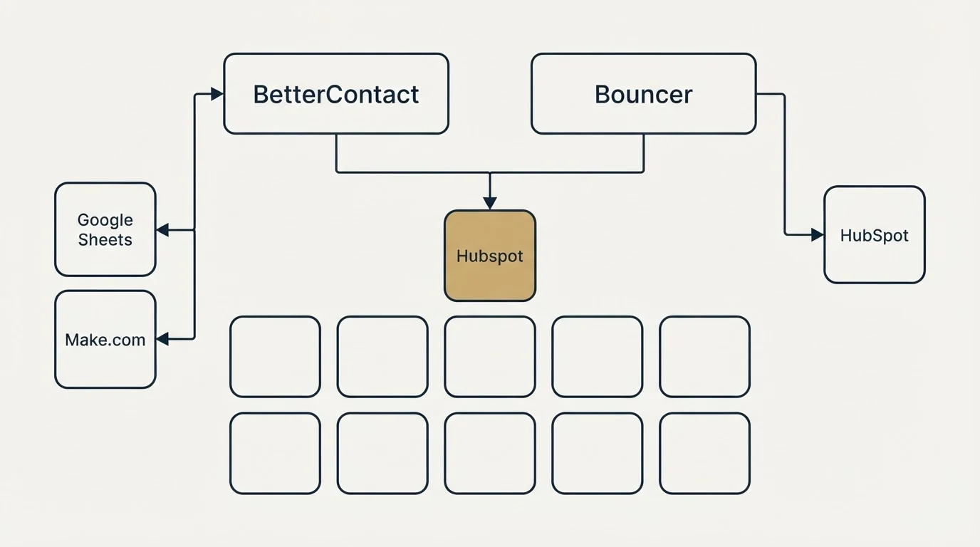 Integration grid: Integration Ecosystem (BetterContact, Bouncer, Hubspot, Google Sheets)