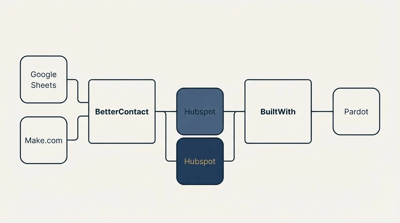 Integration flow: Integration Ecosystem (BetterContact, BuiltWith, Hubspot, Google Sheets)