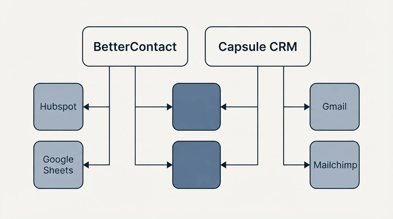 Integration grid: Integration Ecosystem (BetterContact, Capsule CRM, Hubspot, Gmail)