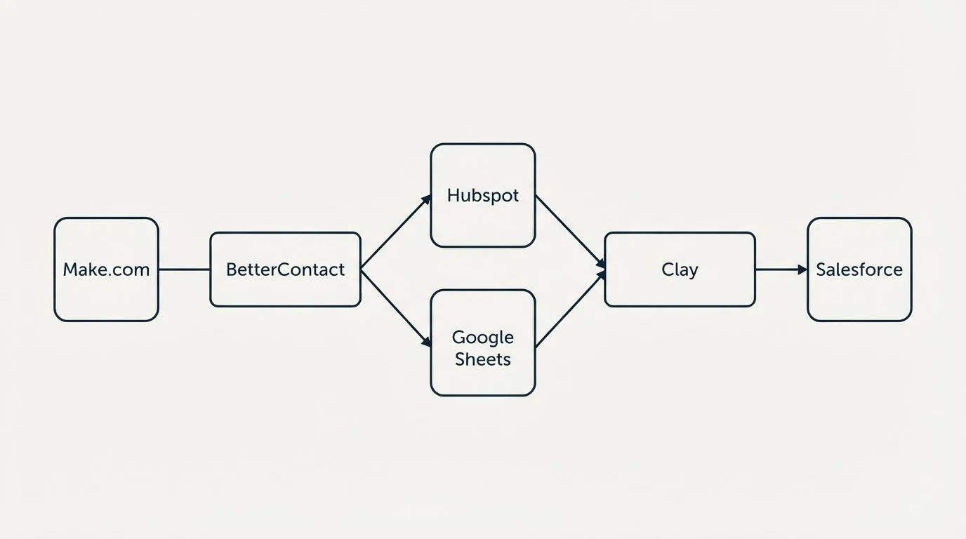 Integration schematic: Integration Ecosystem (BetterContact, Clay, Hubspot, Google Sheets)