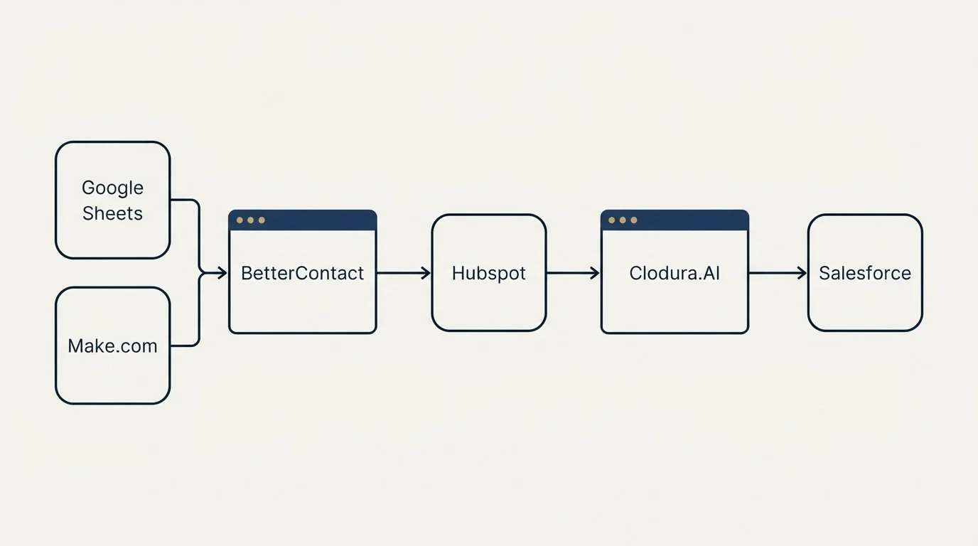 Integration flow: Integration Ecosystem (BetterContact, Clodura.AI, Hubspot, Google Sheets)