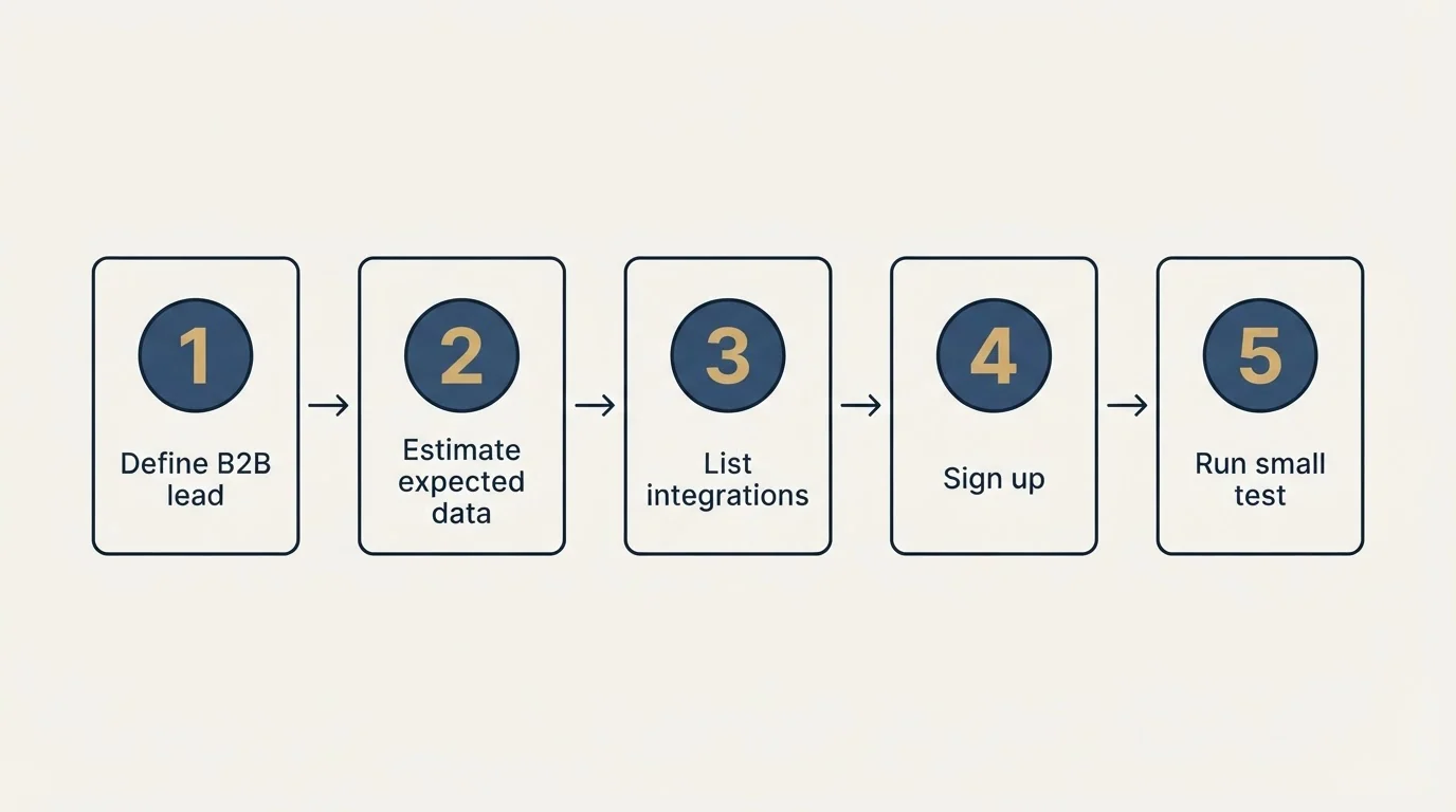 Step sequence: Getting Started Checklist (Define B2B lead, Estimate expected data, List integrations, Sign up)