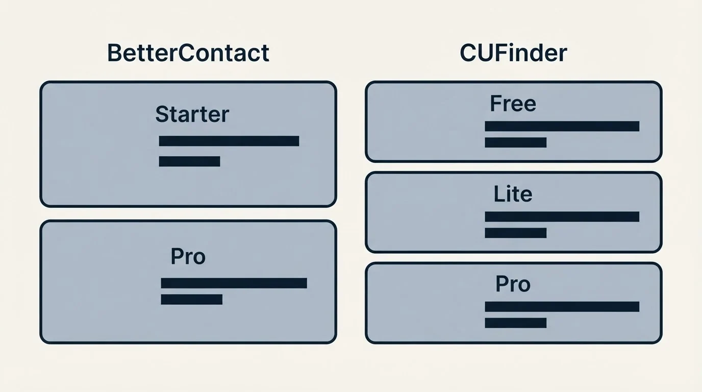 Pricing table: Pricing Comparison (BetterContact, CUFinder, Starter, Free)