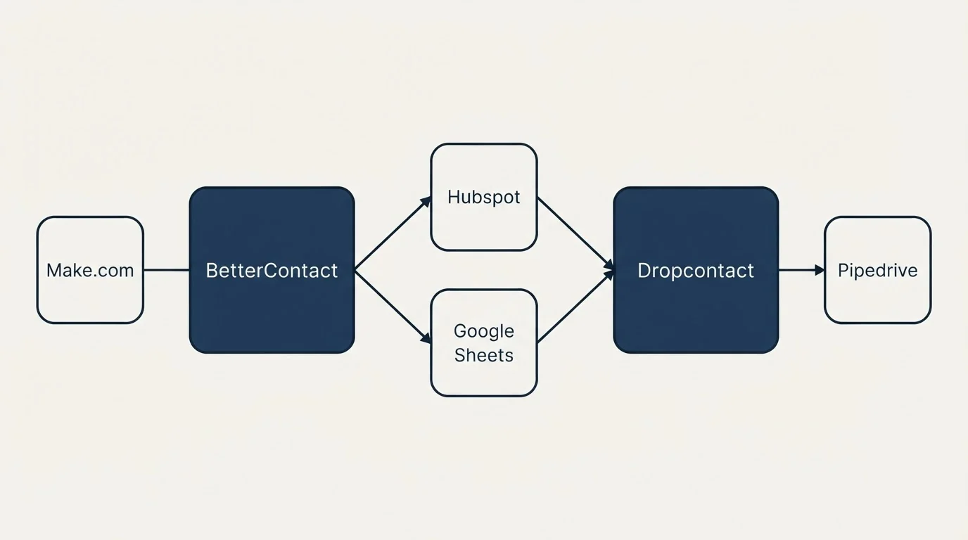Integration schematic: Integration Ecosystem (BetterContact, Dropcontact, Hubspot, Google Sheets)