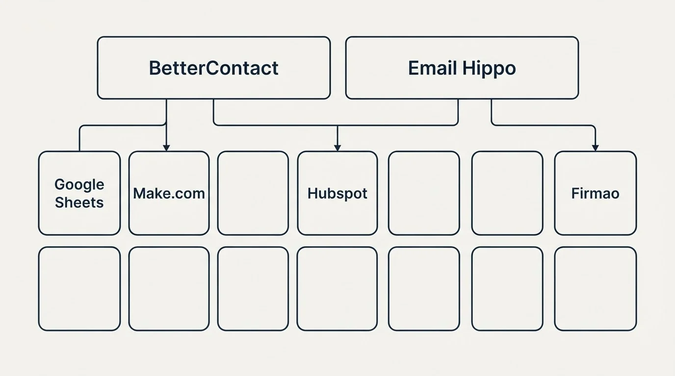 Integration grid: Integration Ecosystem (BetterContact, Email Hippo, Hubspot, Google Sheets)
