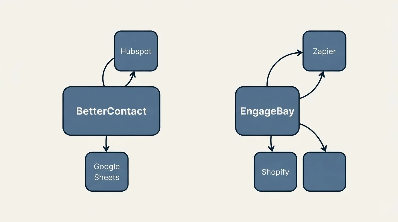 Integration schematic: Integration Ecosystem (BetterContact, EngageBay, Hubspot, Zapier)