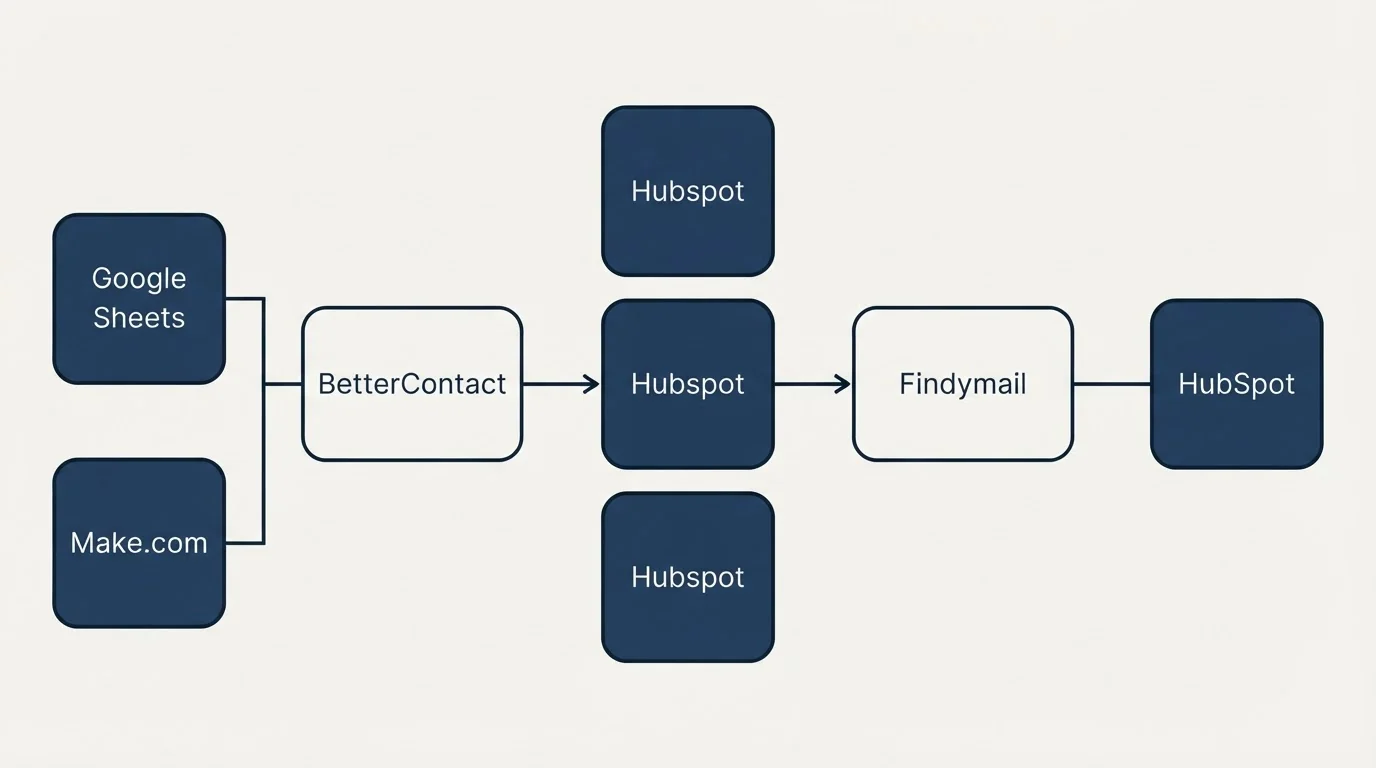Integration flow: Integration Ecosystem (BetterContact, Findymail, Hubspot, Google Sheets)