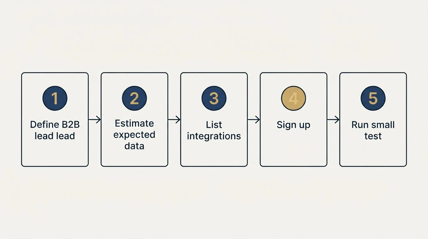Step sequence: Getting Started Checklist (Define B2B lead, Estimate expected data, List integrations, Sign up)