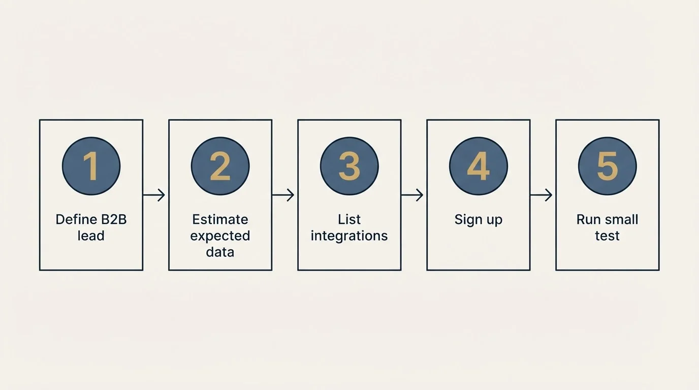 Step sequence: Getting Started Checklist (Define B2B lead, Estimate expected data, List integrations, Sign up)