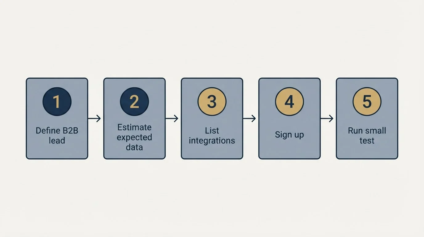 Step sequence: Getting Started Checklist (Define B2B lead, Estimate expected data, List integrations, Sign up)