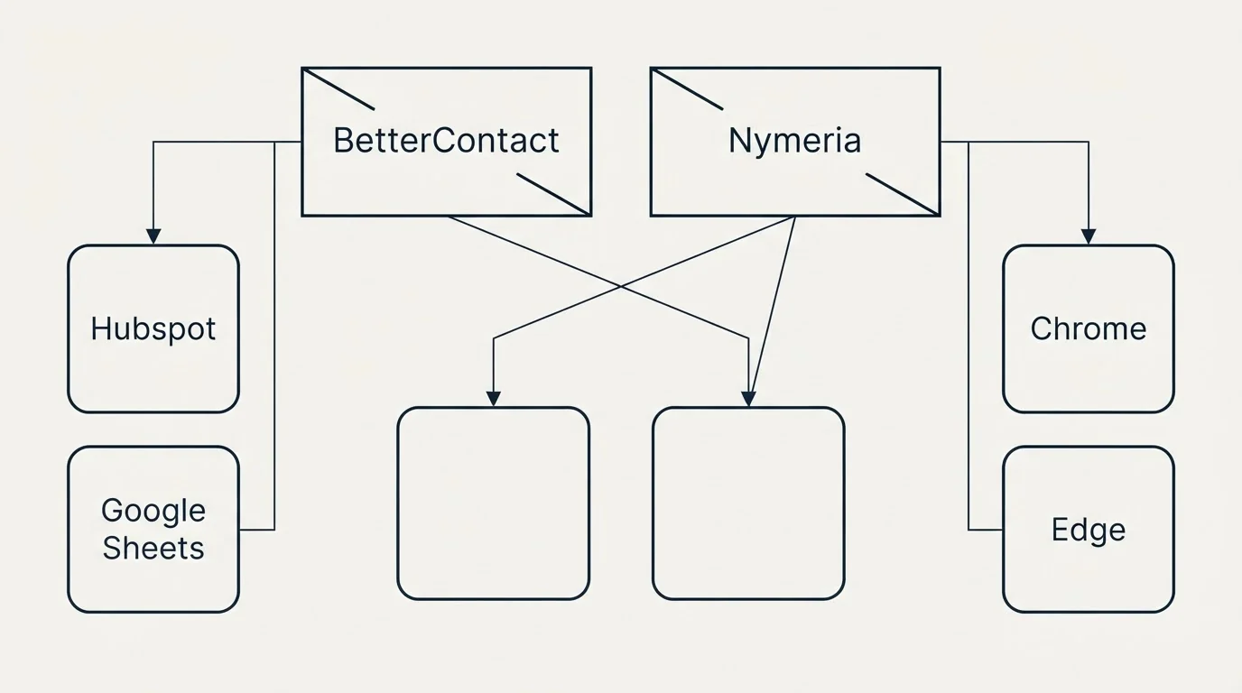 Integration grid: Integration Ecosystem (BetterContact, Nymeria, Hubspot, Chrome)
