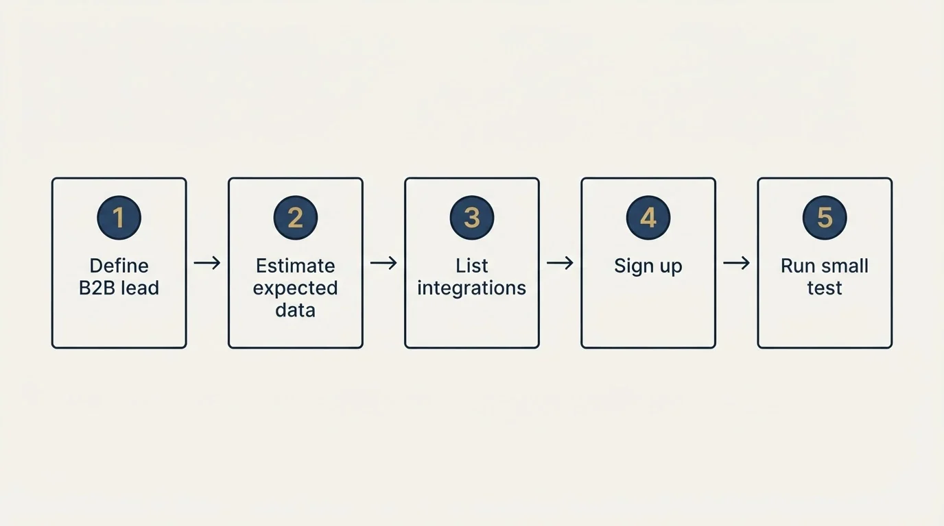 Step sequence: Getting Started Checklist (Define B2B lead, Estimate expected data, List integrations, Sign up)