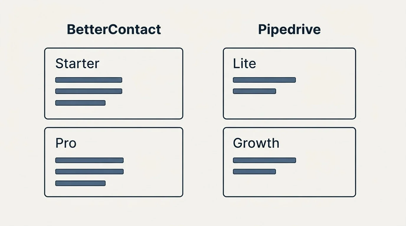 Pricing panels: Pricing Comparison (BetterContact, Pipedrive, Starter, Lite)