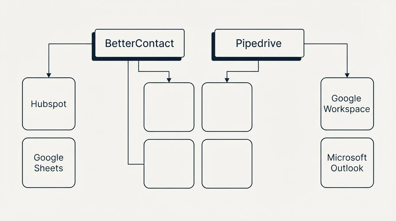 Integration grid: Integration Ecosystem (BetterContact, Pipedrive, Hubspot, Google Workspace)