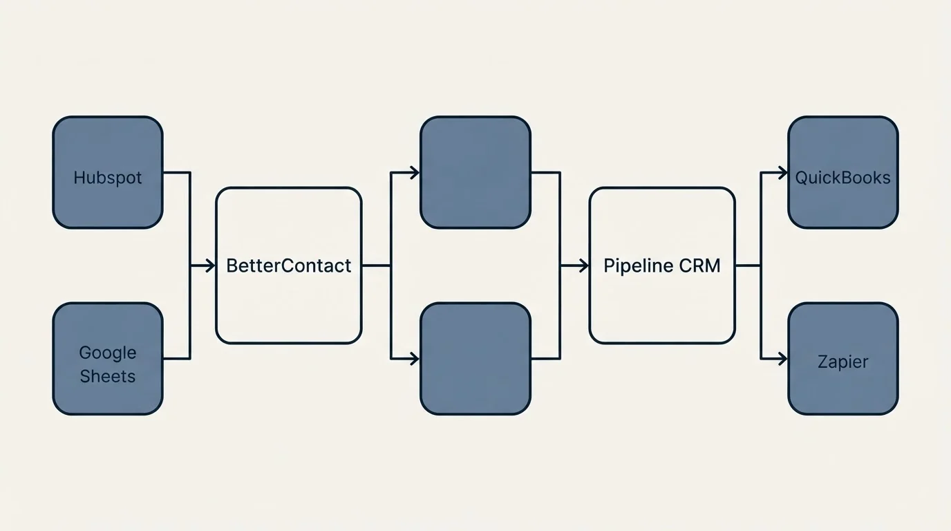 Integration schematic: Integration Ecosystem (BetterContact, Pipeline CRM, Hubspot, QuickBooks)