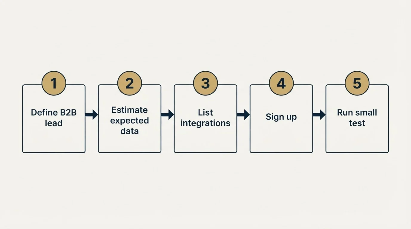 Step sequence: Getting Started Checklist (Define B2B lead, Estimate expected data, List integrations, Sign up)