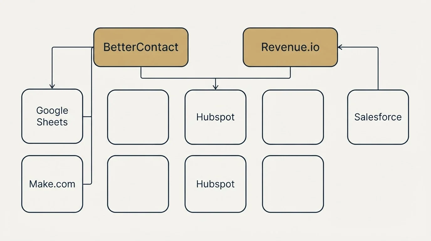 Integration grid: Integration Ecosystem (BetterContact, Revenue.io, Hubspot, Google Sheets)