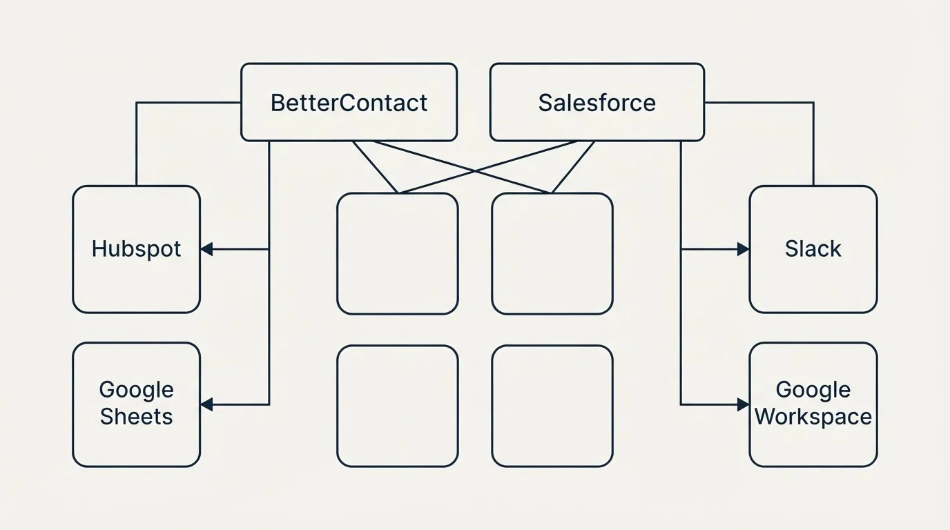 Integration grid: Integration Ecosystem (BetterContact, Salesforce, Hubspot, Slack)