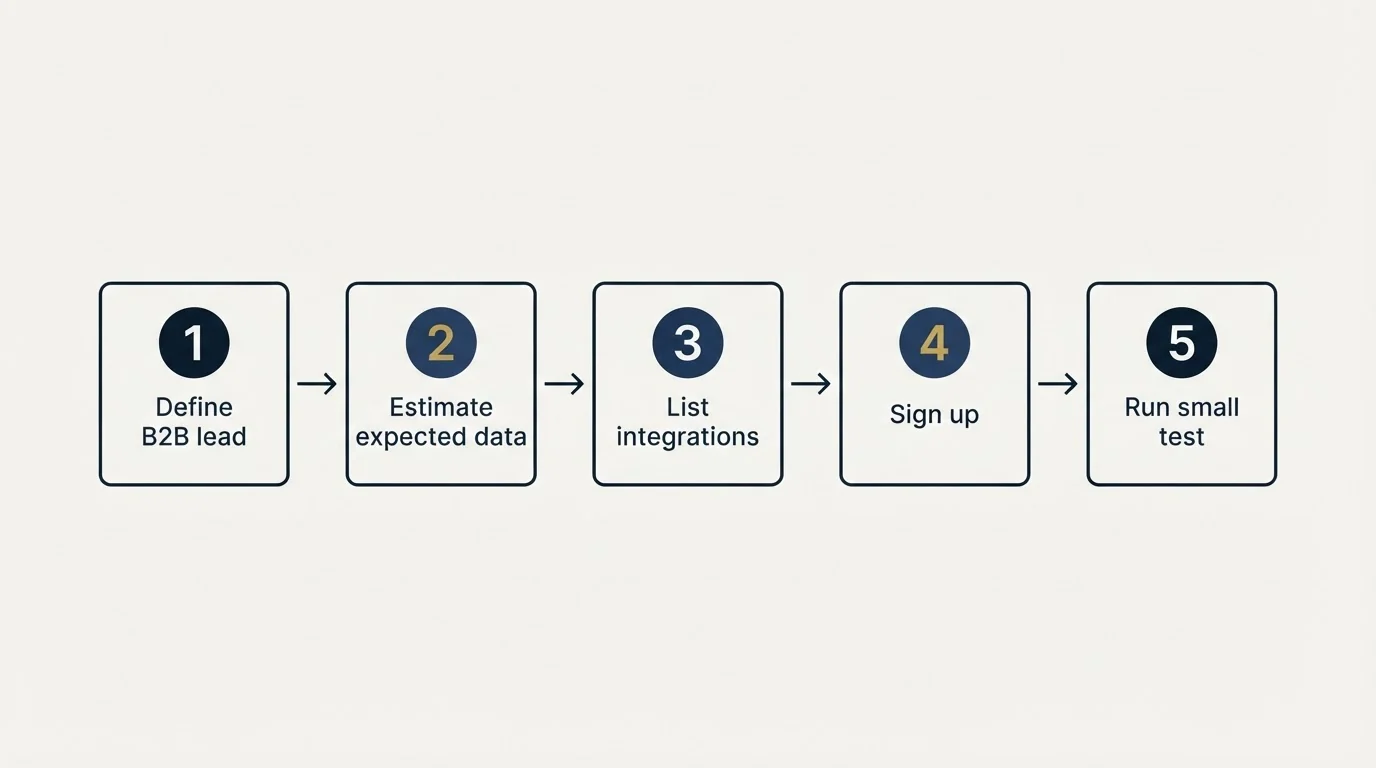 Step sequence: Getting Started Checklist (Define B2B lead, Estimate expected data, List integrations, Sign up)