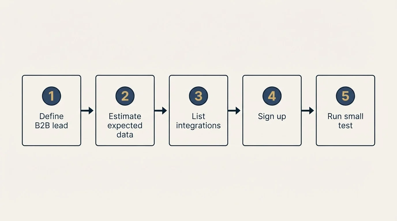 Step sequence: Getting Started Checklist (Define B2B lead, Estimate expected data, List integrations, Sign up)