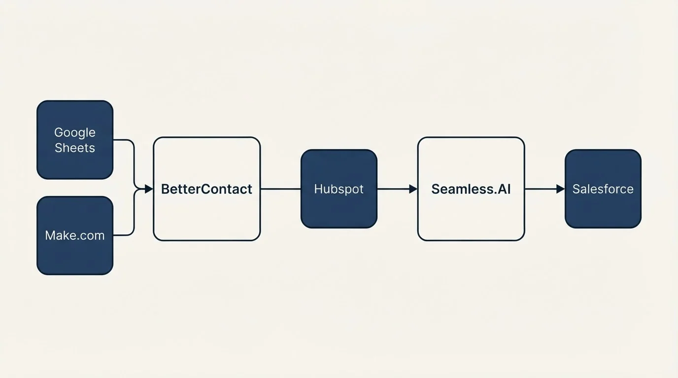 Integration schematic: Integration Ecosystem (BetterContact, Seamless.AI, Hubspot, Google Sheets)