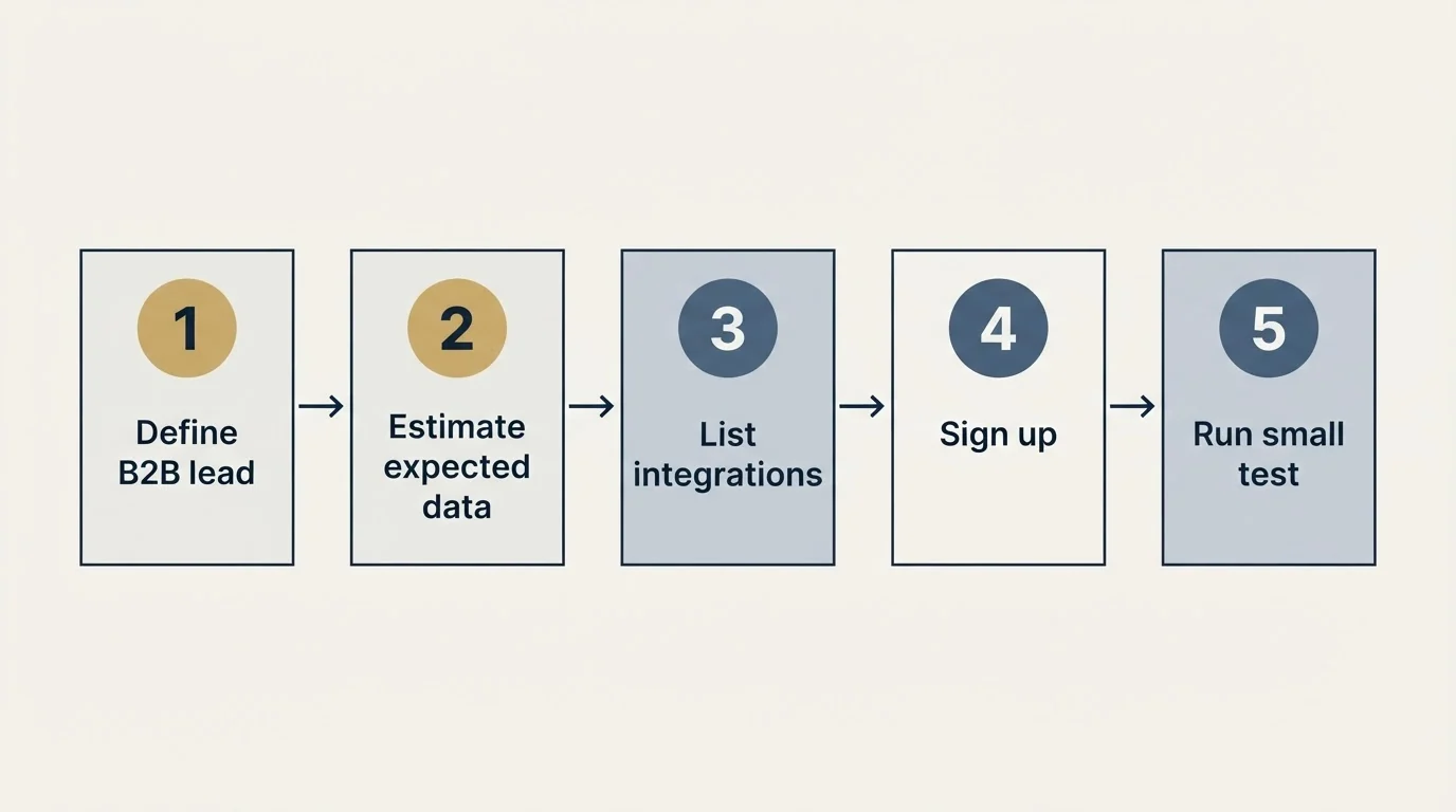 Step sequence: Getting Started Checklist (Define B2B lead, Estimate expected data, List integrations, Sign up)