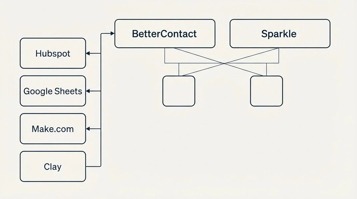 Integration grid: Integration Ecosystem (BetterContact, Sparkle, Hubspot, Google Sheets)