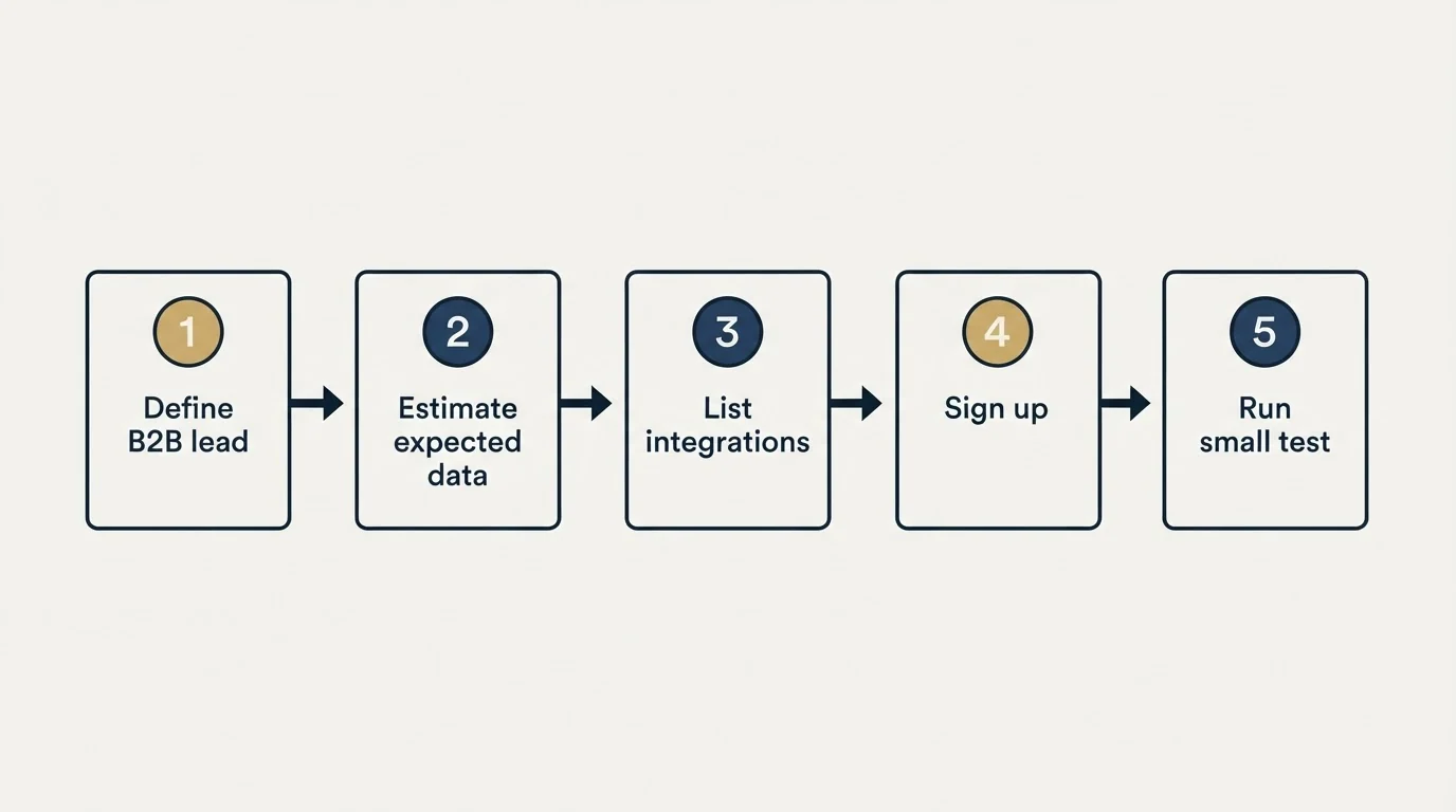 Step sequence: Getting Started Checklist (Define B2B lead, Estimate expected data, List integrations, Sign up)