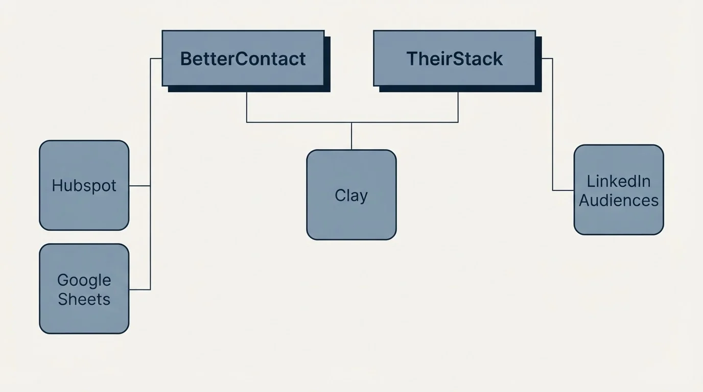 Integration grid: Integration Ecosystem (BetterContact, TheirStack, Clay, Hubspot)