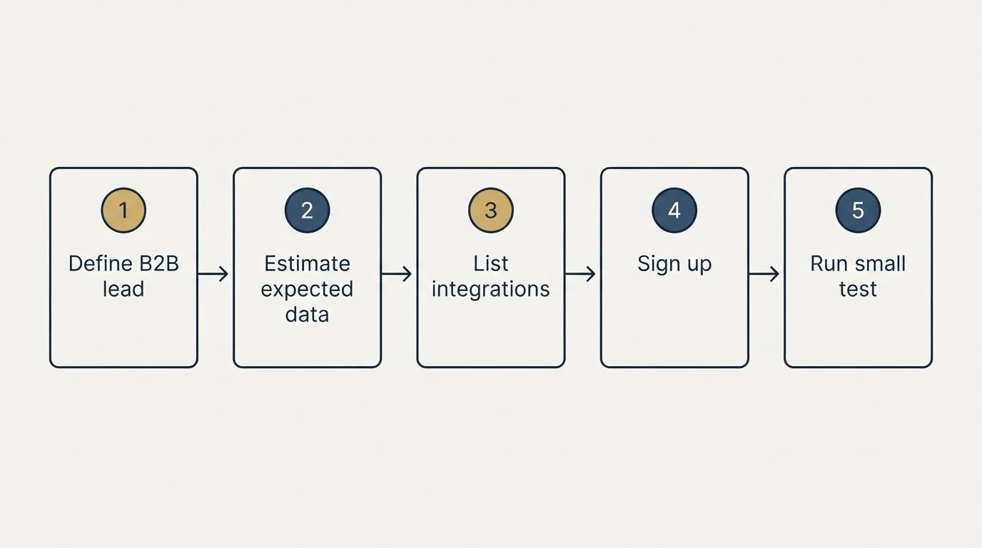 Step sequence: Getting Started Checklist (Define B2B lead, Estimate expected data, List integrations, Sign up)