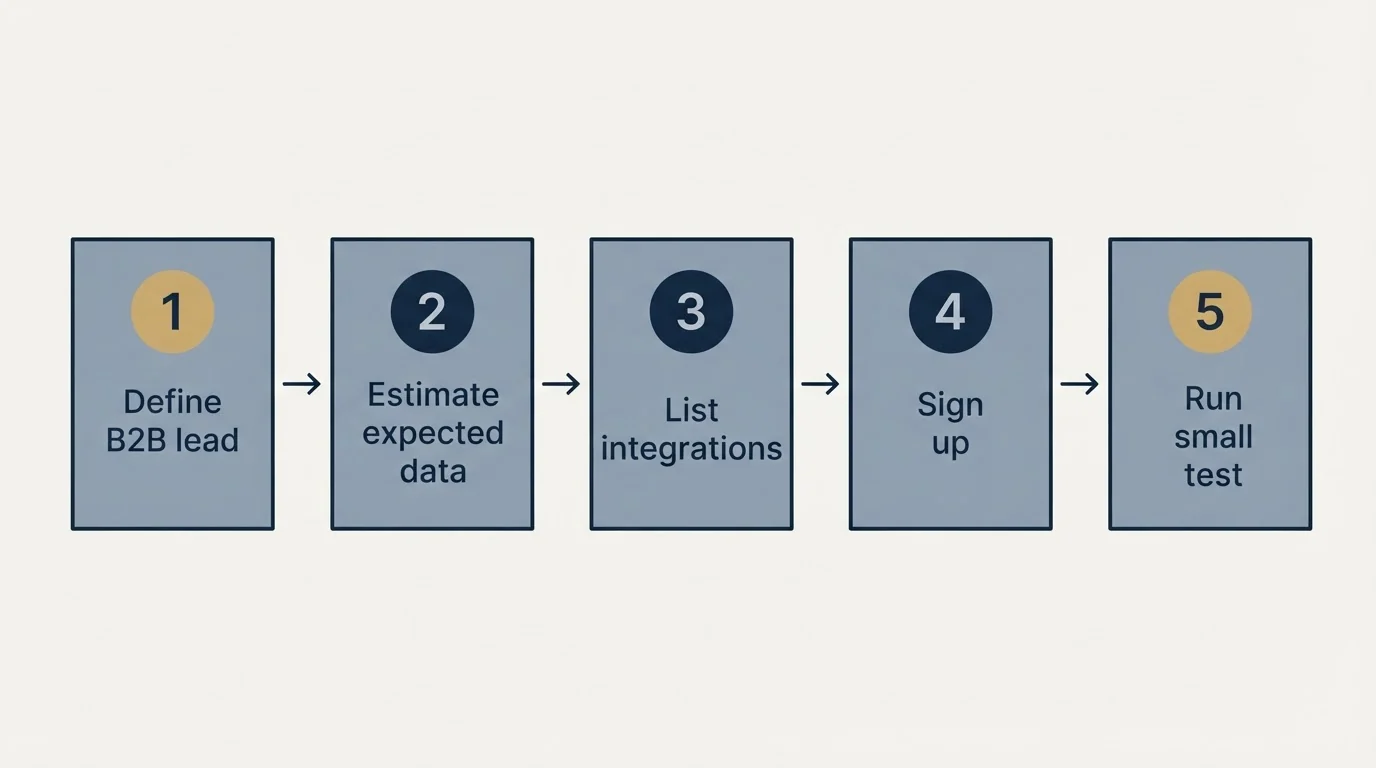 Step sequence: Getting Started Checklist (Define B2B lead, Estimate expected data, List integrations, Sign up)