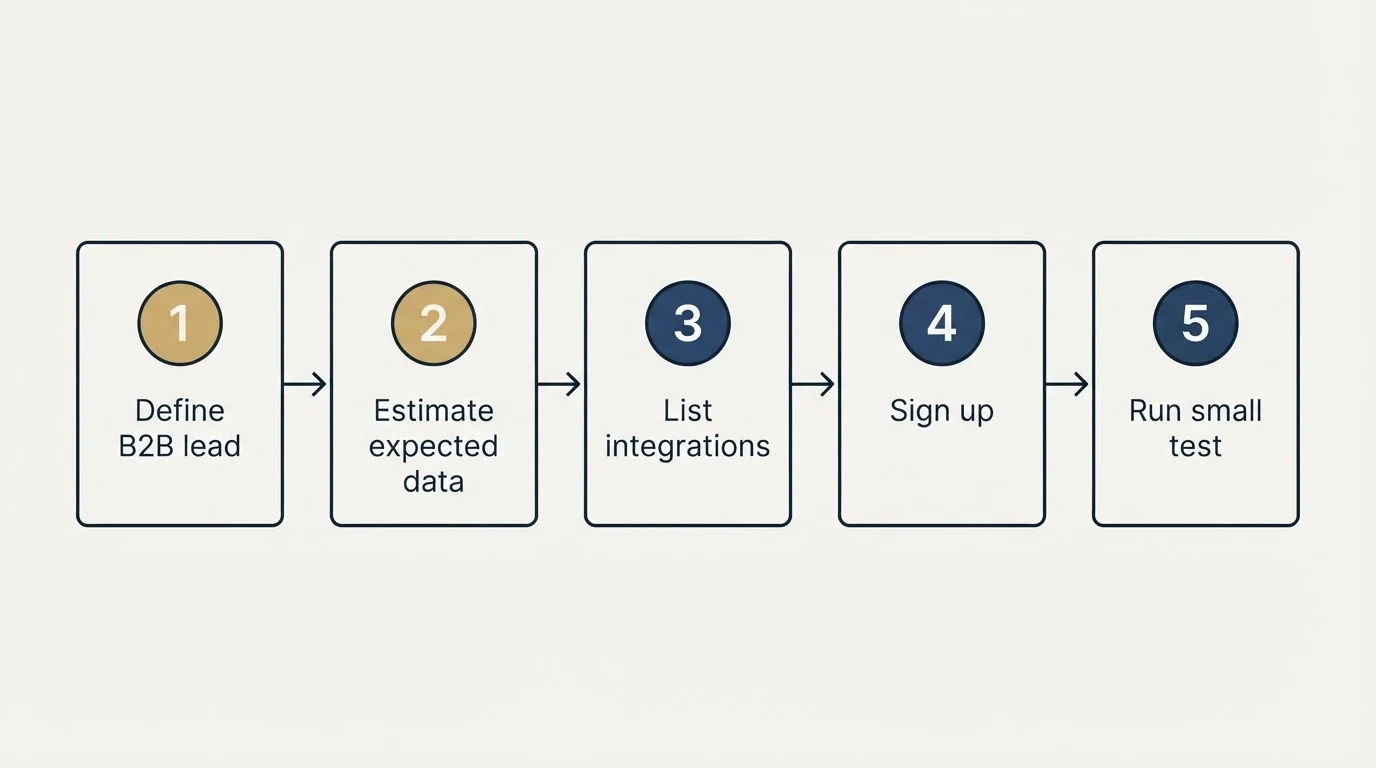 Step sequence: Getting Started Checklist (Define B2B lead, Estimate expected data, List integrations, Sign up)