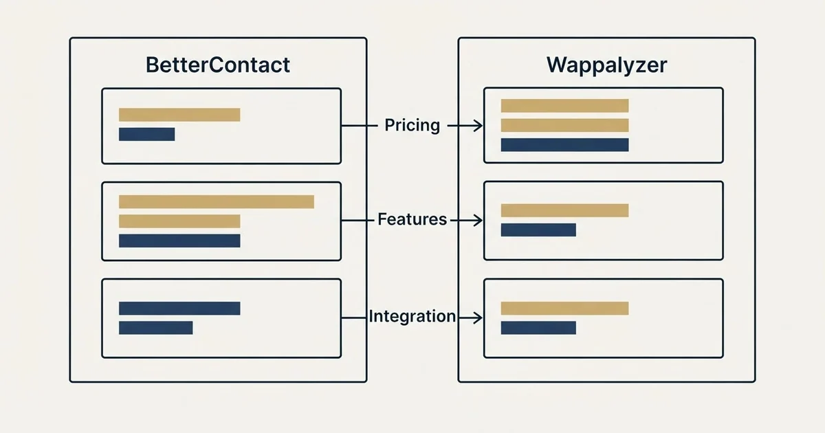 Comparison panel: BetterContact vs Wappalyzer (Pricing, Features, Integration)