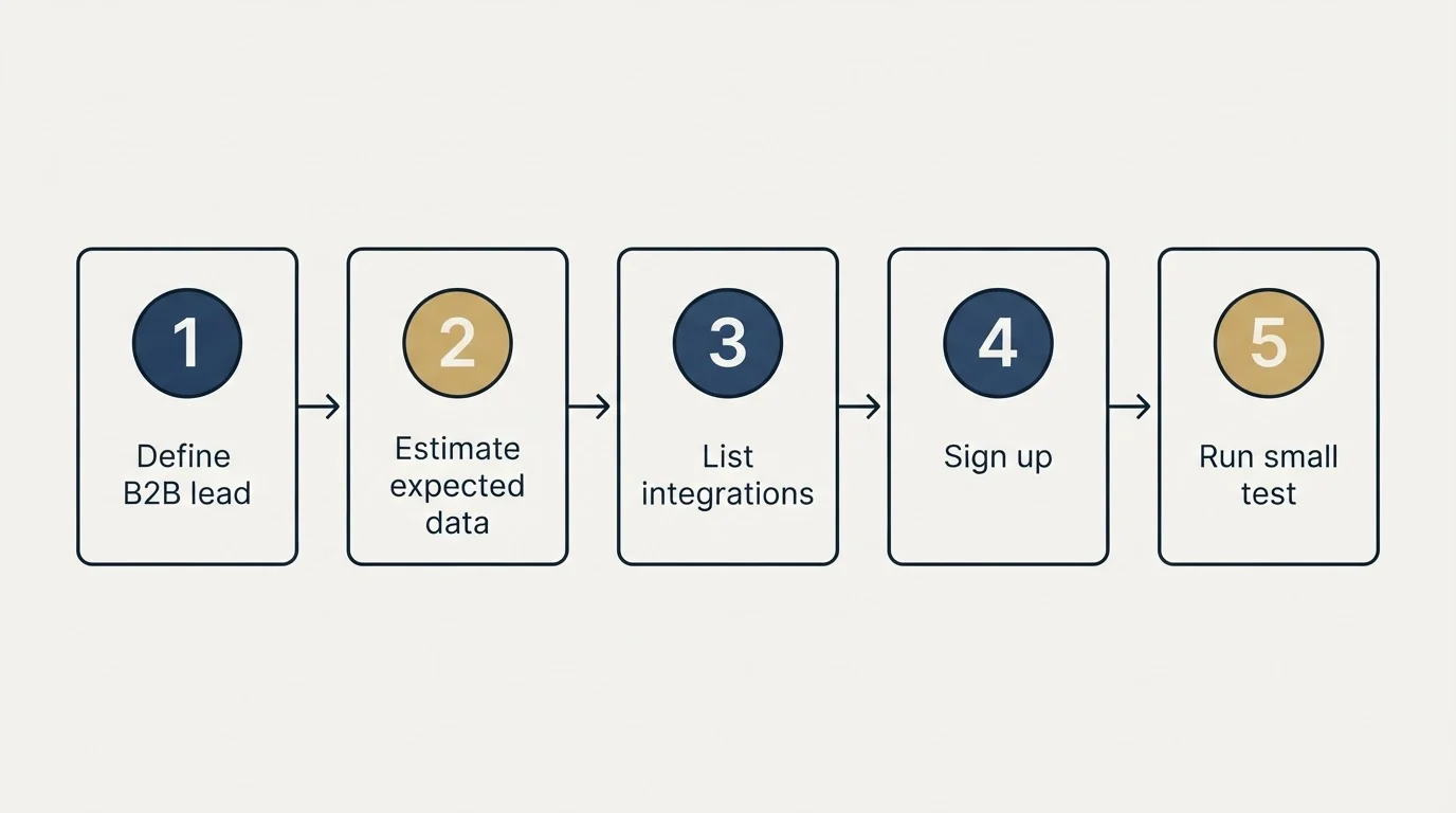 Step sequence: Getting Started Checklist (Define B2B lead, Estimate expected data, List integrations, Sign up)