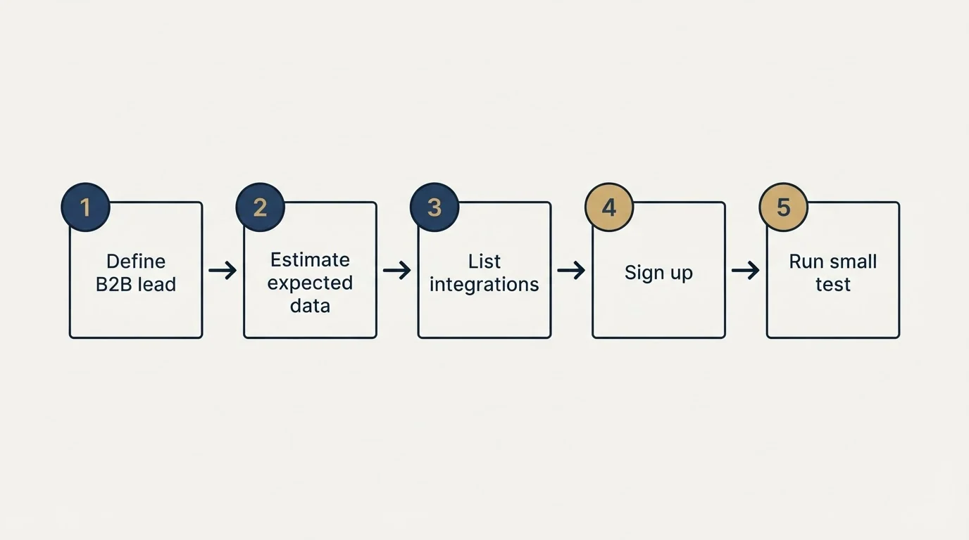 Step sequence: Getting Started Checklist (Define B2B lead, Estimate expected data, List integrations, Sign up)