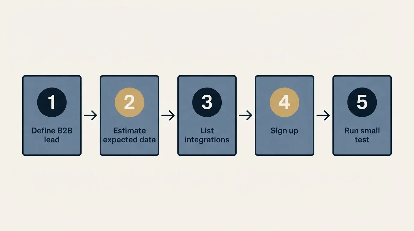 Step sequence: Getting Started Checklist (Define B2B lead, Estimate expected data, List integrations, Sign up)