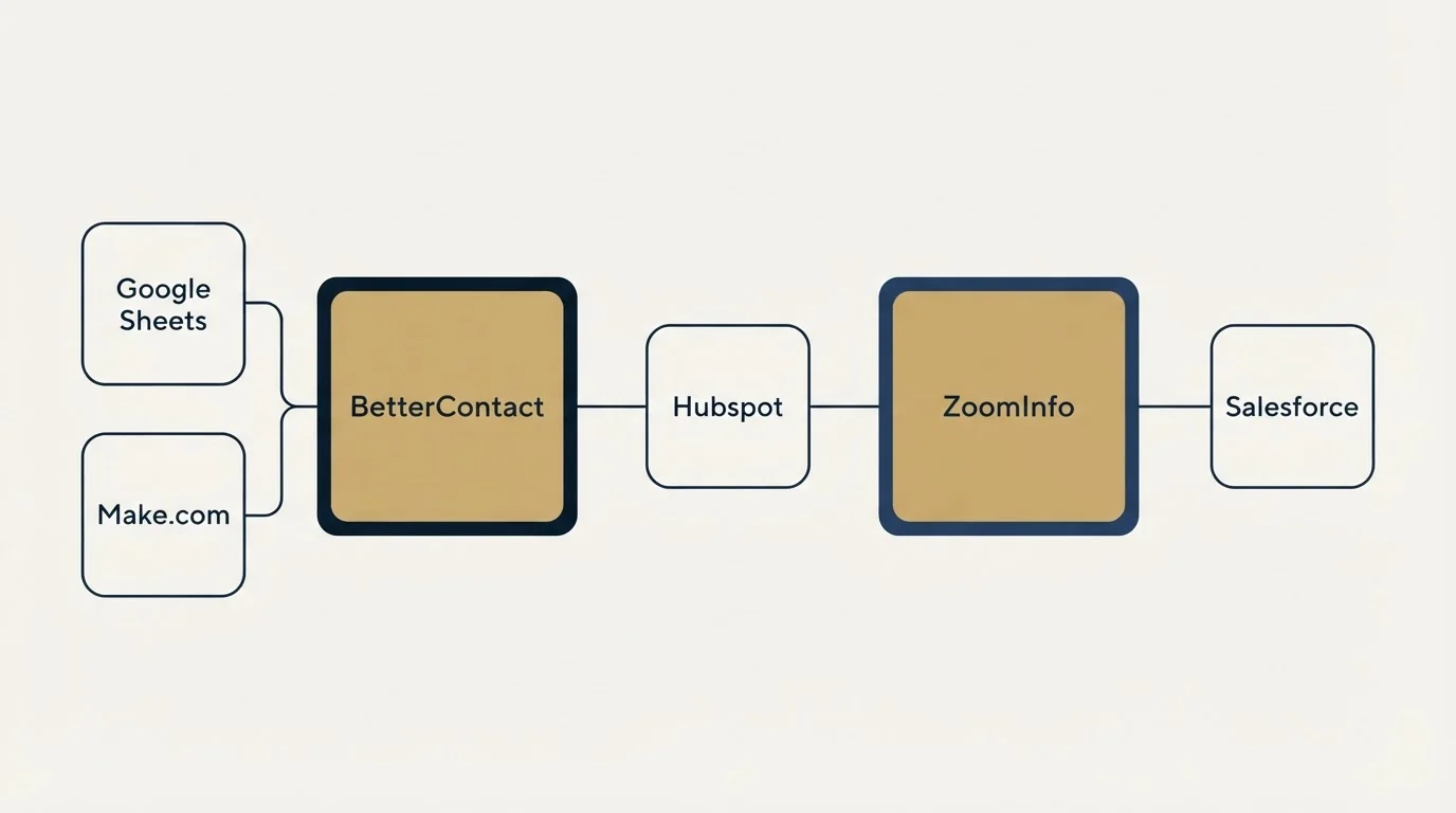 Integration schematic: Integration Ecosystem (BetterContact, ZoomInfo, Hubspot, Google Sheets)