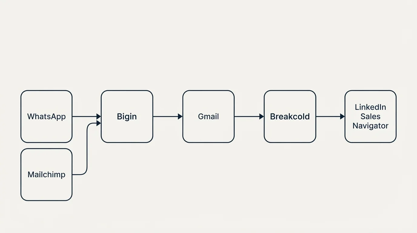 Integration schematic: Integration Ecosystem (Bigin, Breakcold, Gmail, WhatsApp)